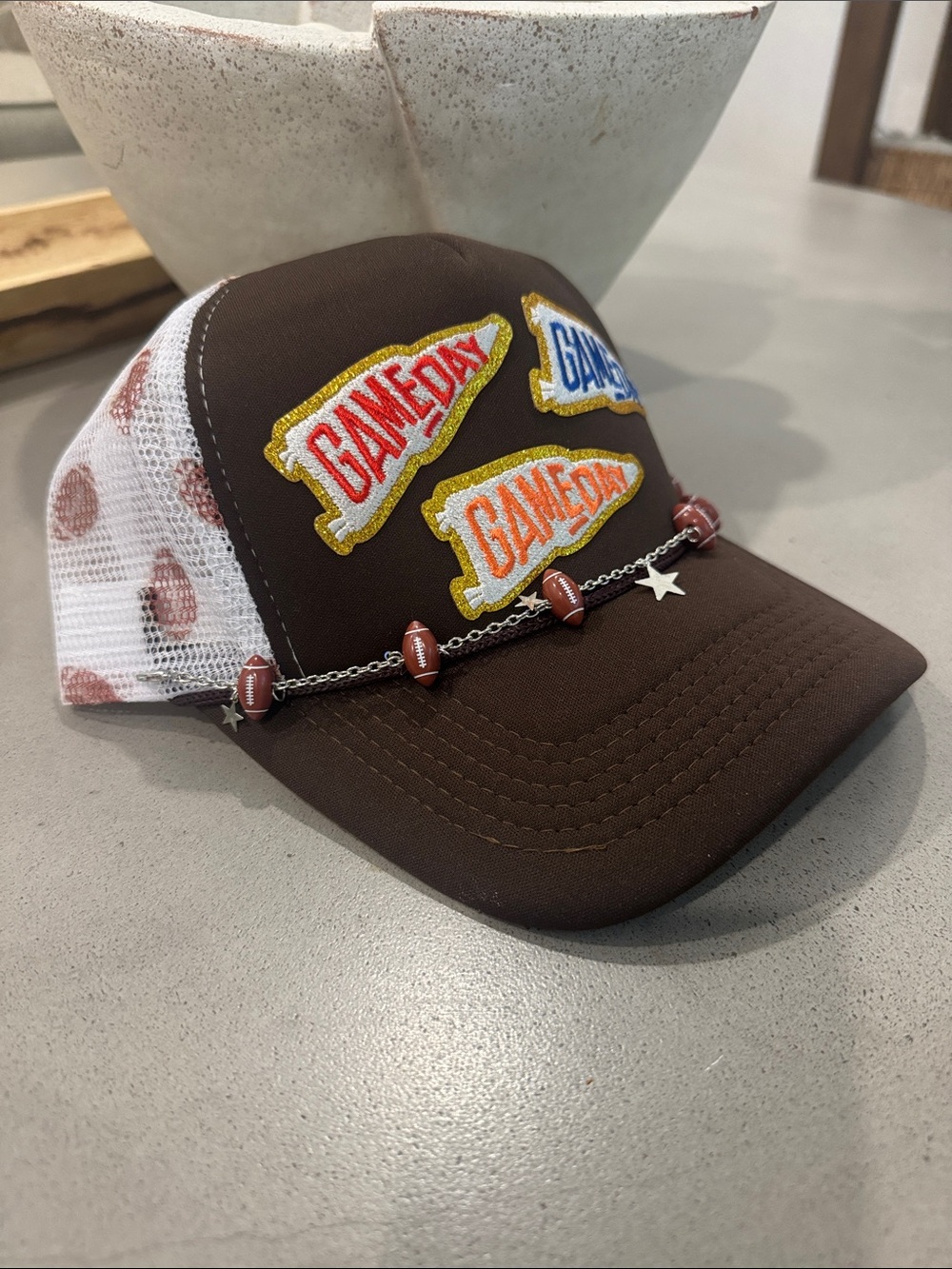Brown GAME DAY Trucker Hat with Football Charm Chain